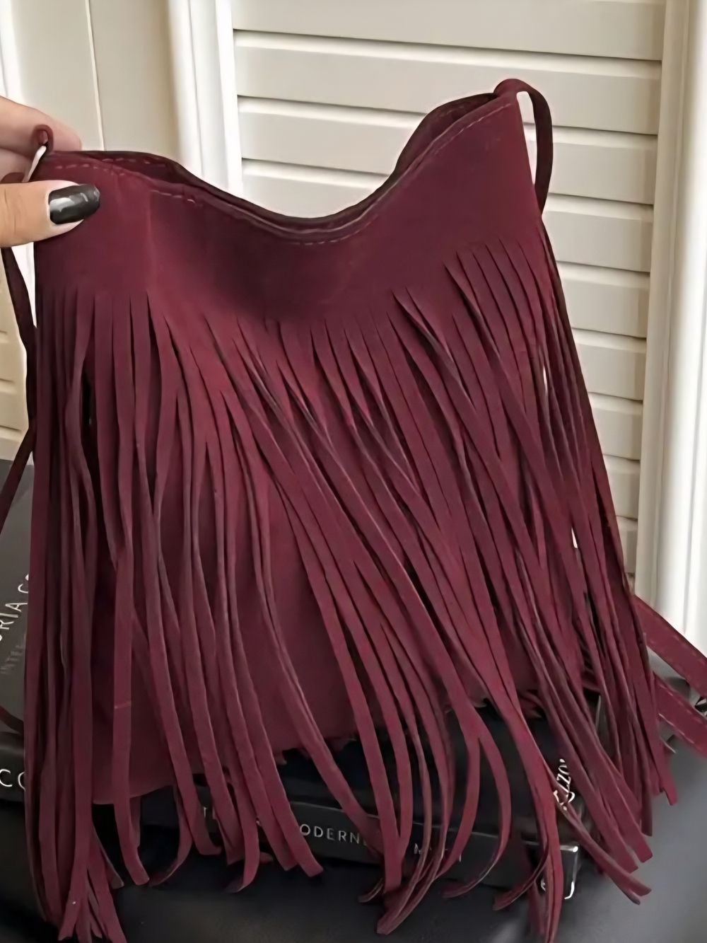 Fringed Shoulder Bag - Burgundy Suede